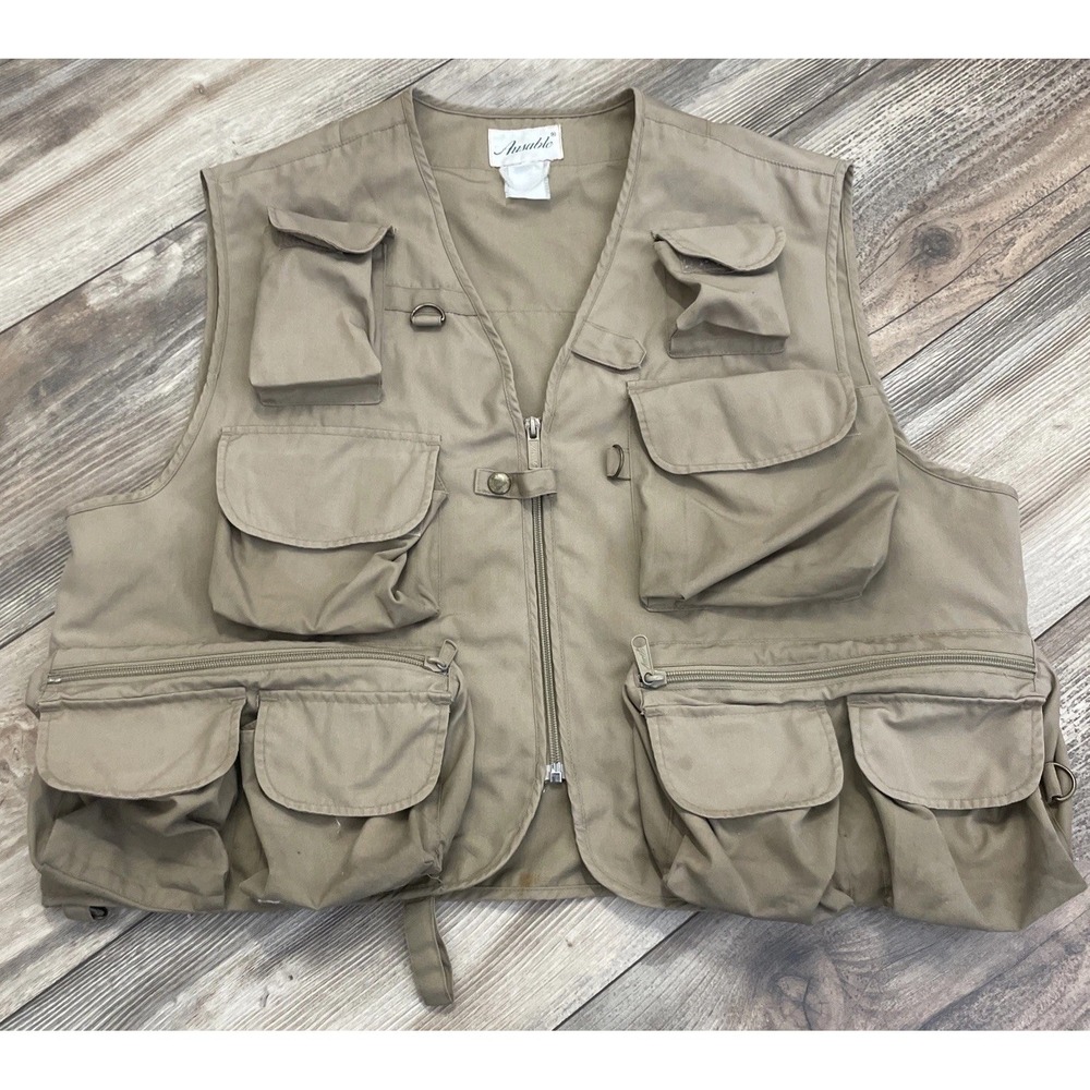 Vintage Ausable Vest XL Tan Zip Up Fly Fishing Pockets Utility Outdoors Sports